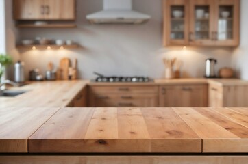 Modern kitchen made of natural wood.The table is in the foreground. A place for labels, kitchen sets and groceries.