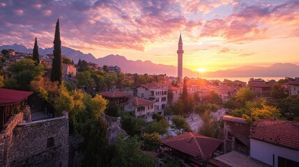 Fototapeta premium Old Town Antalya, Tekeli Mehmet Pasa mosque and Yivli (Fluted) Minaret at sunset, Antalya, Turkey 