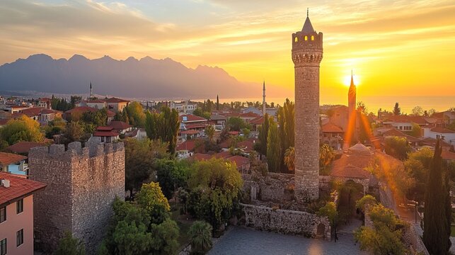 Old Town Antalya, Tekeli Mehmet Pasa mosque and Yivli (Fluted) Minaret at sunset, Antalya, Turkey 