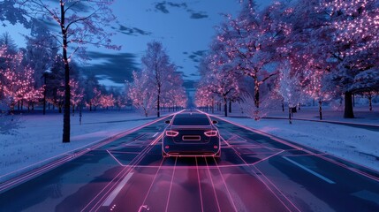 Autonomous self driving vehicle driving through snowy city with augmented reality display
