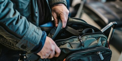  a security officer checking the contents of a traveler's carry-on bag