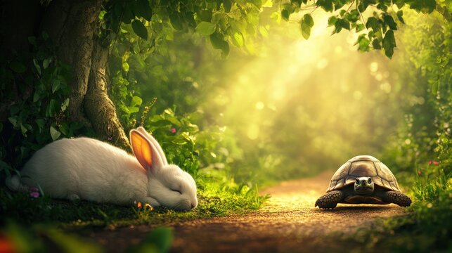 A white rabbit sleeps peacefully by a tree while a turtle walks towards the camera on a path in a lush green forest.