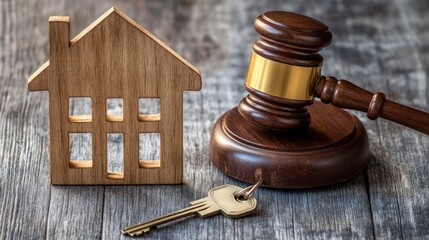 Wooden house model, gavel, and key on wooden background.