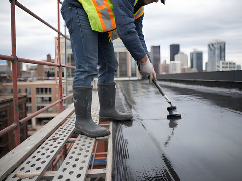 Primer plano de un hombre aplicando una capa impermeable a un tejado
