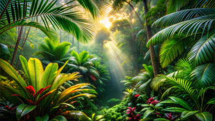 Lush jungle scenery with vibrant plants and sunlight, serene atmosphere, tropical paradise, copy space