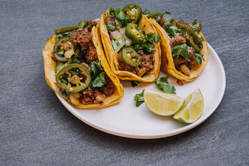 Grilled onion and jalapeño beef tacos