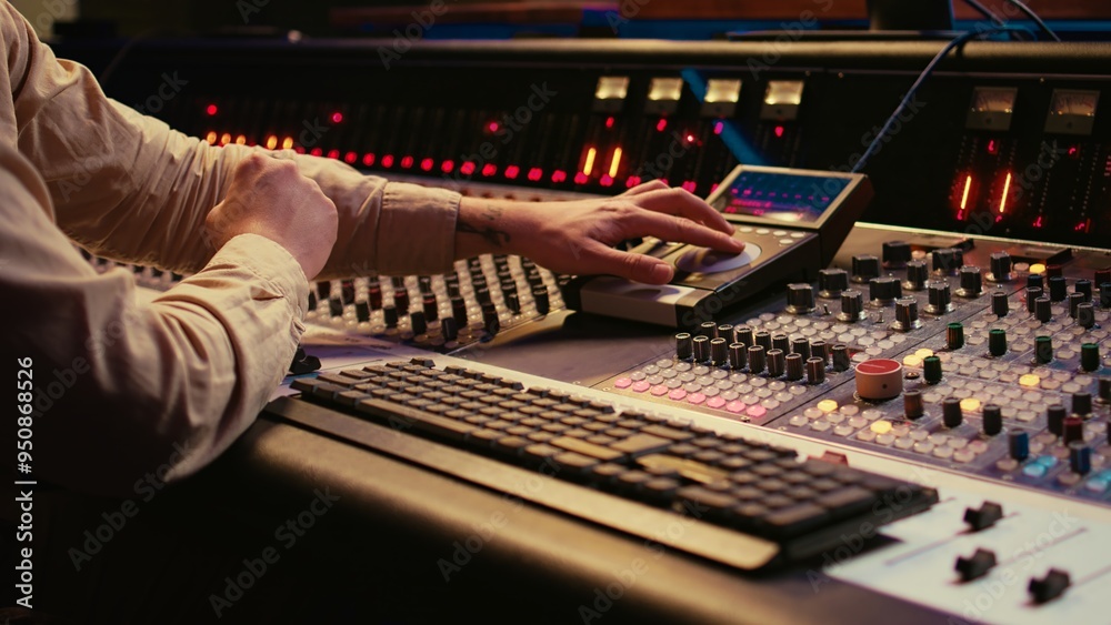 Fototapete Audio technician uses mixing console and faders in control room, remote control for adjusting sound on mixer. Music producer changes volume level, creates tracks with technical equipment. Camera B.