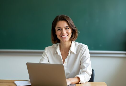 Joyful white brunette female teacher at desk with laptop for World Teachers' Day