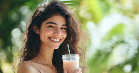 Young woman smiling while holding cocktail.
