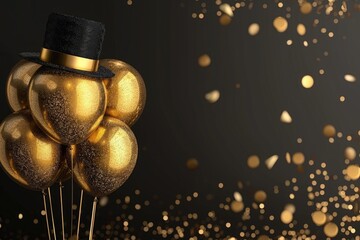 A group of shiny gold balloons floating in the air, accompanied by a stylish top hat