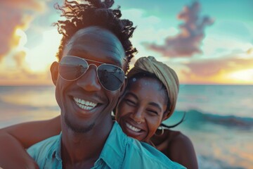 Fototapeta premium A couple enjoying romantic moment on the beach at sunset