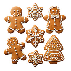 A festive collection of gingerbread cookies decorated with white icing, featuring designs like gingerbread men, snowflakes, and a Christmas tree. Transparent background