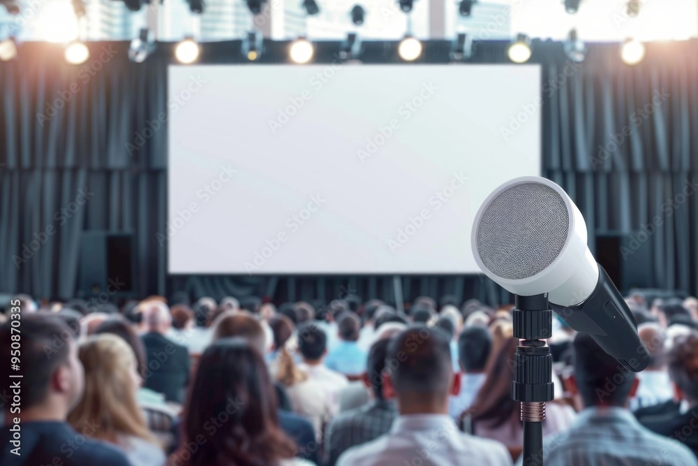 Aufkleber A microphone positioned in front of an audience, ideal for capturing presentations, speeches, and lectures