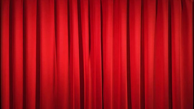 Red velvet curtains slightly opened on both sides, showing solid black stage background