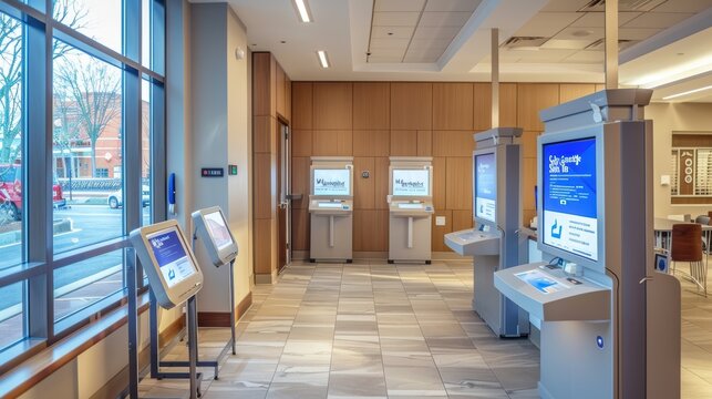 Modern bank branch interior design featuring interactive teller machines