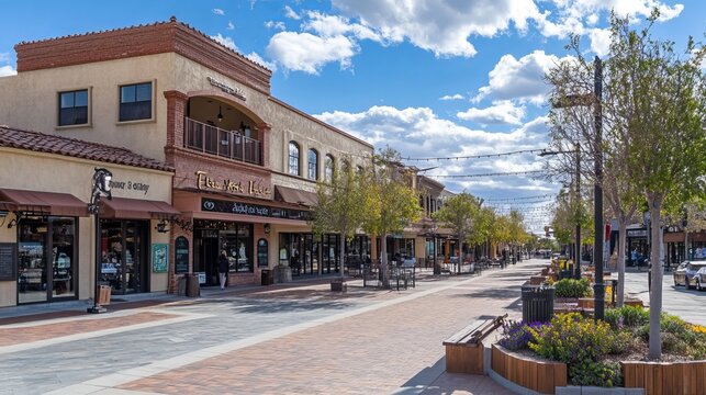 Temecula, California - March 24, 2024: Commercial building on 5th Street, with the Old Town Creek Walk on the right