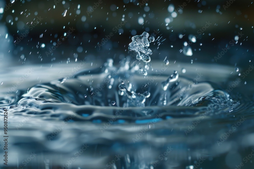 Poster a detailed view of a single water droplet on the surface of a pool