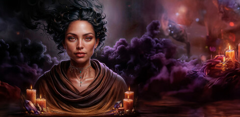 A woman with a candle in her hand is sitting in front of a burning candle