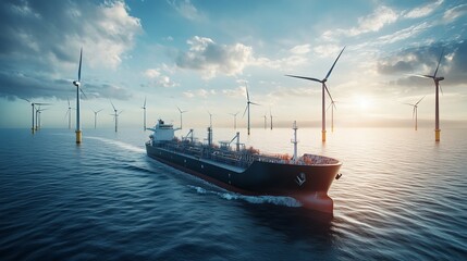 This image captures a digitally generated liquid hydrogen tanker sailing near offshore wind turbines, symbolizing a harmonious blend of renewable energy technologies