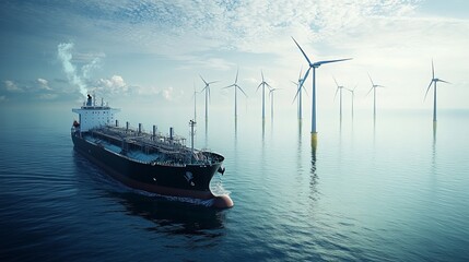 This image captures a digitally generated liquid hydrogen tanker sailing near offshore wind turbines, symbolizing a harmonious blend of renewable energy technologies