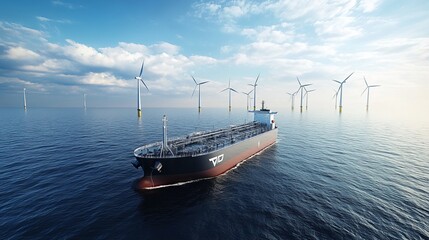 This image captures a digitally generated liquid hydrogen tanker sailing near offshore wind turbines, symbolizing a harmonious blend of renewable energy technologies