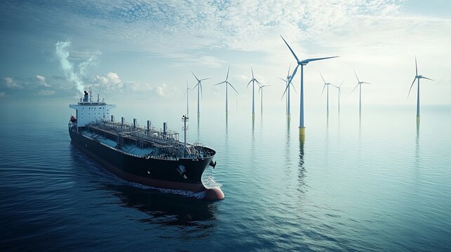 This image captures a digitally generated liquid hydrogen tanker sailing near offshore wind turbines, symbolizing a harmonious blend of renewable energy technologies