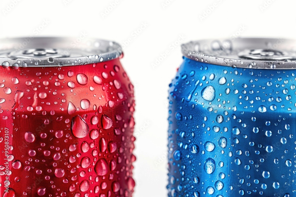 Poster two cans of soda with water droplets on their sides, great for use in still life photography or as a