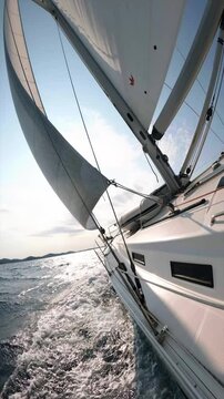 Cinematic aerial shots of a sailing boat in Croatia's Kornati archipelago. Crystal-clear waters, serene bays, and vibrant holiday scenes. Perfect for luxury travel, adventure, and summer vacation.