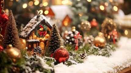 Miniature Christmas village with lights and ornaments on snow.
