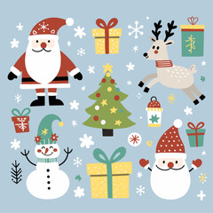 Christmas set of vector isolated elements on blue background.