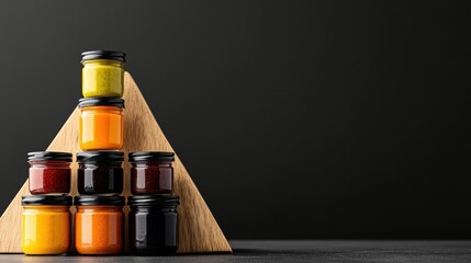 Gourmet Artisanal Sauce Collection Displayed in Pyramid Shape with Copy Space for Text