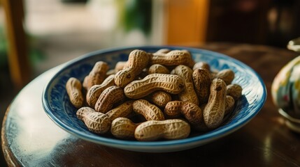 Fototapeta premium A blue and white ceramic plate with a pile of peanuts in the shells sits on a wooden table.