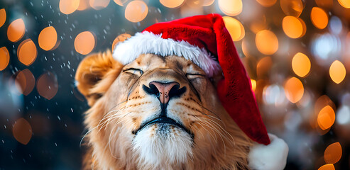 Lion with closed eyes, Santa Claus hat