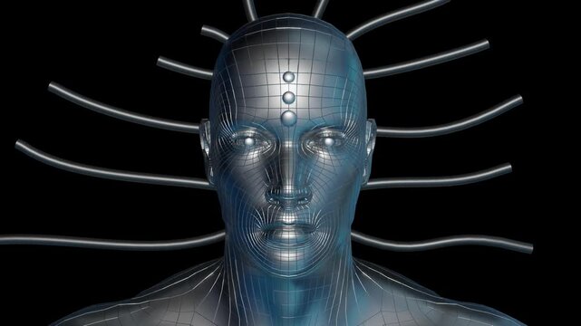 Robotic male android face with wires growing out of head. AI God. Godlike AI. Artificial General Intelligence. Transhuman. Transhumanism. 3d animation isolated on black background.