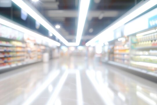 A blurred image of a typical grocery store aisle with shelves and products