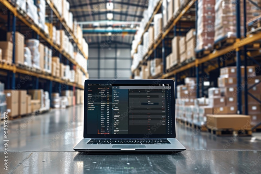 Poster Laptop computer stored on a table in a warehouse setting