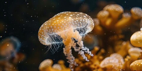 Obraz premium The white spotted jellyfish belonging to the Rhizostomae order absorbs its paralyzed prey through orifices that connect to the central stomach due to its mouth shaped characteristic