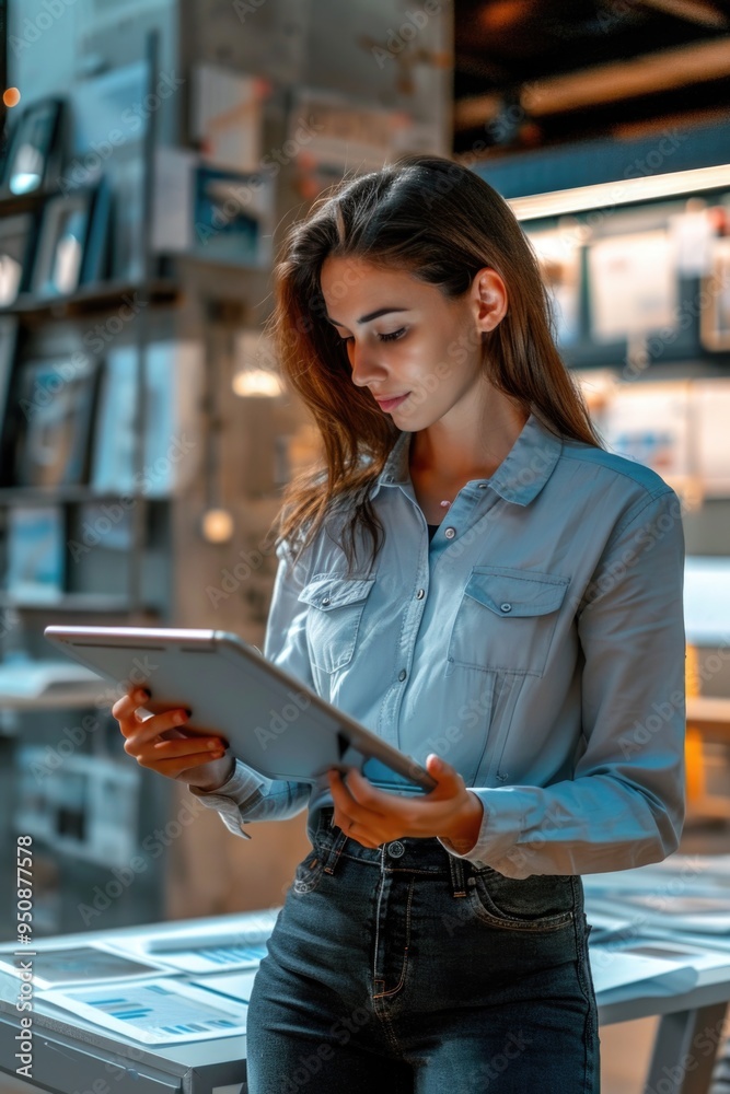 Poster a woman sitting and holding a tablet computer, possibly browsing or working on it