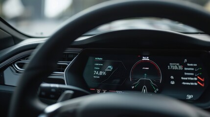 Modern electric car showing battery status on dashboard while driving