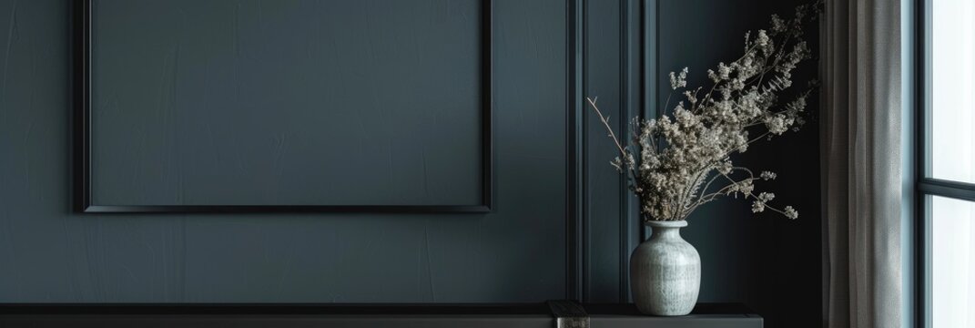Black picture frame mockup against a smooth dark gray wall