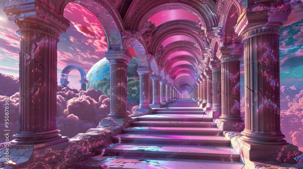 Poster a long hallway with stone columns and a clear blue sky in the background