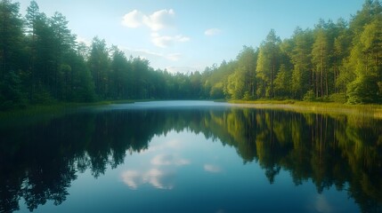 Fototapeta premium Serene forest lake with a perfect reflection of the trees on a calm, sunny day.