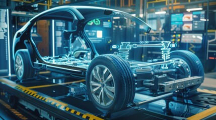 Fototapeta premium Automotive engineers designing electric car chassis using augmented reality hologram technology