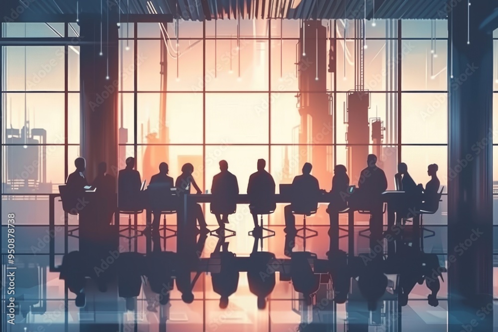 Poster group of professionals seated around a conference table with laptops and notes