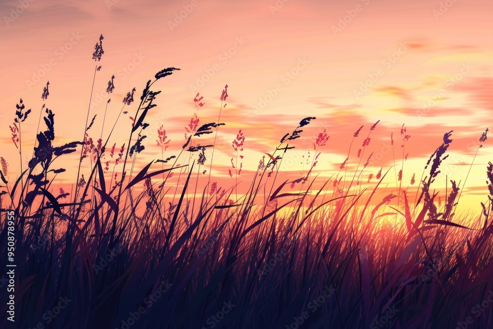 Poster a serene landscape featuring a vast field of tall grass and a beautiful sunset in the background, id