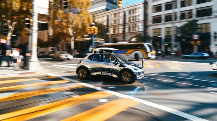 White self-driving car is going through a crosswalk on a busy city street