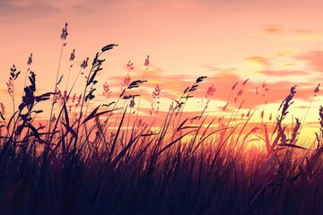 Obraz premium A serene landscape featuring a vast field of tall grass and a beautiful sunset in the background, ideal for use in scenes that require a peaceful atmosphere