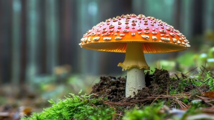 Fototapeta premium A single red and white spotted mushroom with a yellow stem grows in the forest.