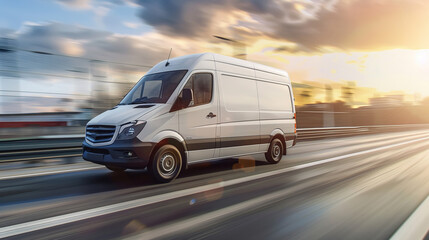 White modern delivery small shipment cargo courier van moving fast on motorway road to city