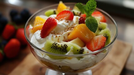 A glass bowl filled with a delicious fruit salad consisting of fresh kiwi, strawberries, mango, and whipped cream, garnished with a sprig of mint.